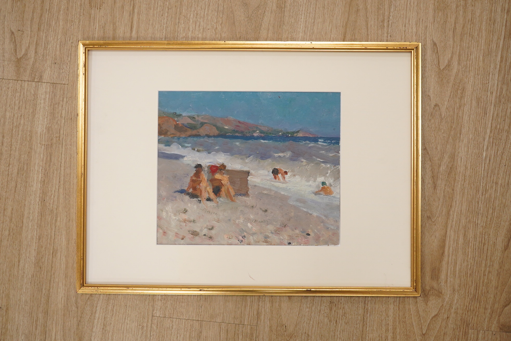 Impressionist oil on card, Beach scene with figures, unsigned, 27 x 32cm. Condition - good